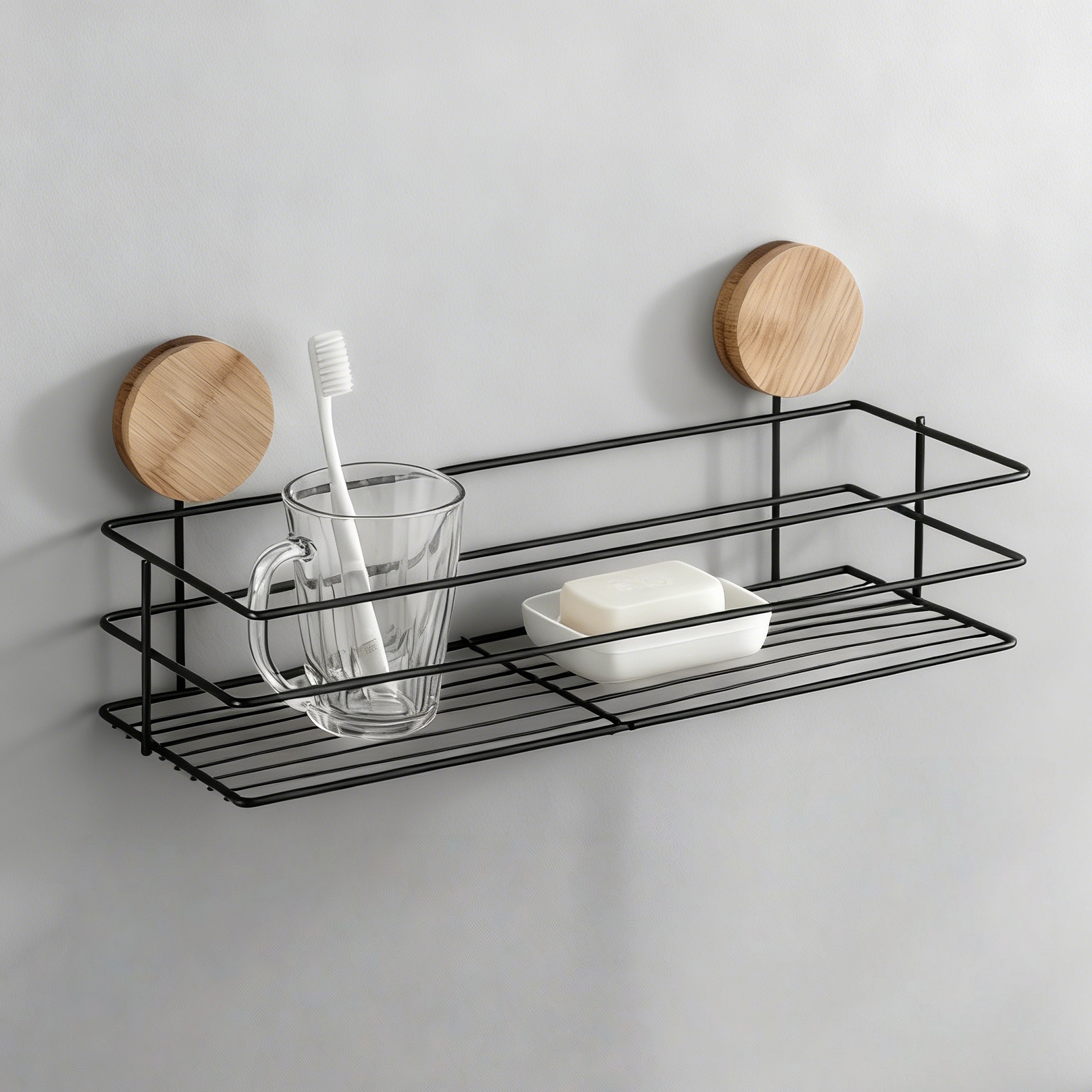 Bathroom Wall Shelf, Black Metal Wire Shower Caddy with Wood Base
