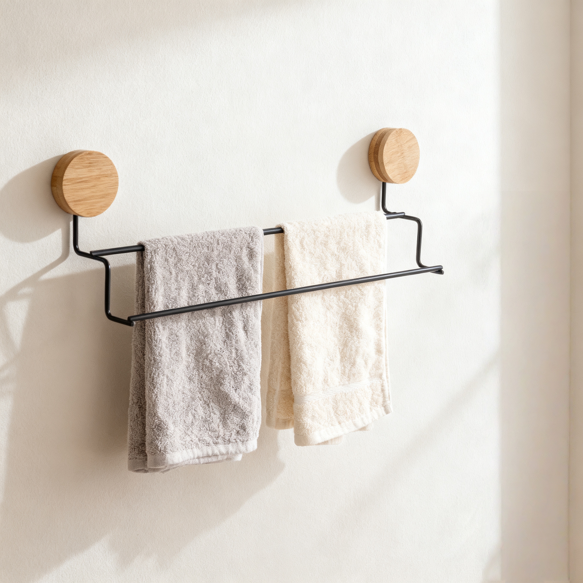 Double-Layer Towel Bar with Bamboo Mounts, Black Metal Bathroom Towel Organizer